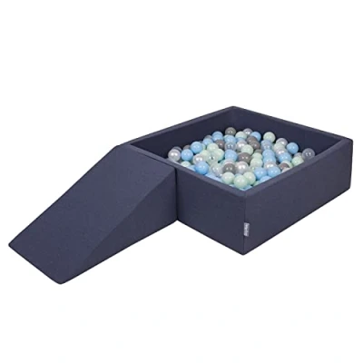 Image of KiddyMoon Foam Playground For Kids With Square Ballpit (200 Balls ∅ 7Cm/2.75In) Soft Obstacles Course And Ball Pool, Made In The EU, Darkblue:Lgreen/Orange/Turquoise/Blue/Bblue/Yellow