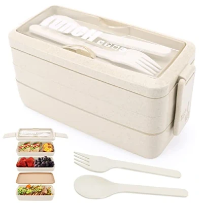 Image of Yirochan 3 Layer Lunch Box Bento for Adults, 4 in 1 Meal Prep Container with Fork &amp; Spoon, 1000ml Food Storage Men Women Student School Office, Microwave Dishwasher Safe Available (Beige)