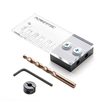 Image of POWERTEC 71715 Dowel Drilling Jig with Depth Scale, Laser Cut Alignment Marker, Cobalt M 35 Drill Bit and Split Ring Stop Collar, 1/4 inch