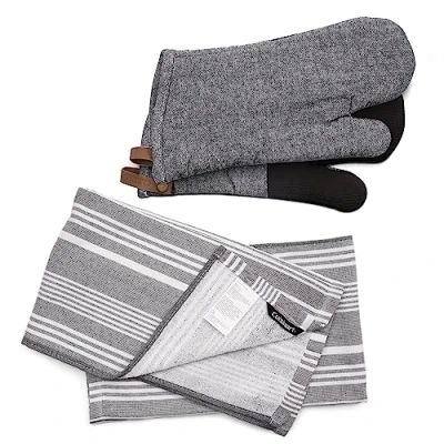 Image of Cuisinart Oven Gloves &amp; Tea Towel Set with Grey Herringbone Neoprene of 2 Fouta Striped Towels for Kitchen 2,40x70cm