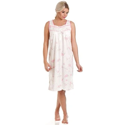 Image of Undercover Ladies Floral Jersey Cotton Rich Nightie Nightdress Nightshirt &amp; Pyjamas Available in Sizes 10 36 (10 12, Pink Sleeveless)