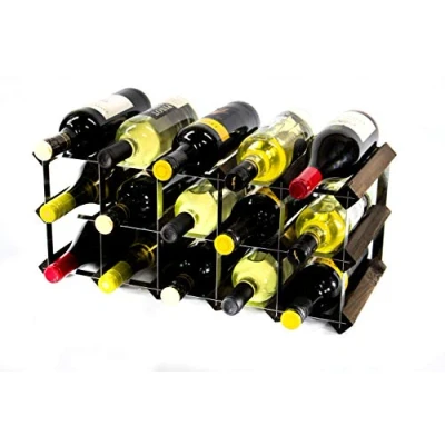 Image of Classic 15 Bottle Dark Oak Stained Wood and galvanised Metal Wine Rack self Assembly