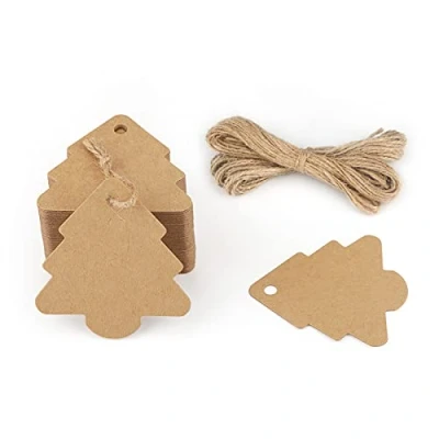 Image of jijAcraft 100PCS Christmas Tree Tags,6 CM * 5.8 Brown Kraft Paper Gift Tags, Craft Hang Tags with String