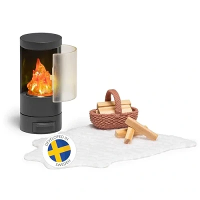 Image of LUNDBY Dolls House Furniture Fireplace Doll Accessories Wood Stove LED Fire Flame Light 4 pieces Age 4+ for 11cm Mini scale 1:18