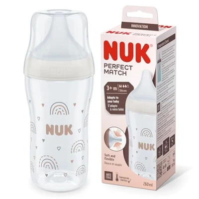 Image of NUK Perfect Match Baby Bottle 3+ Months Adapts to Baby&#039;s Palate Temperature Control Anti Colic Vent 260 ml BPA Free Medium Silicone Teat Rainbow