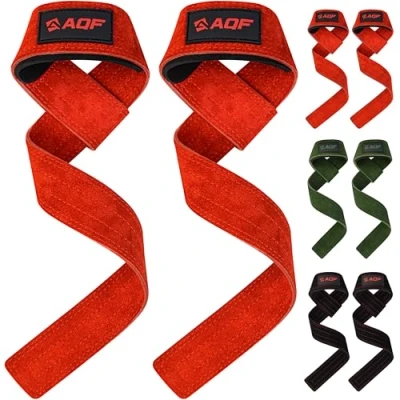 Image of AQF Premium 100% Suede Leather Weight Lifting Straps Handmade, Neoprene Padded Heavy Duty Gym Lasso for Deadlifts, Rows, Pull Ups Extra Long (Red)