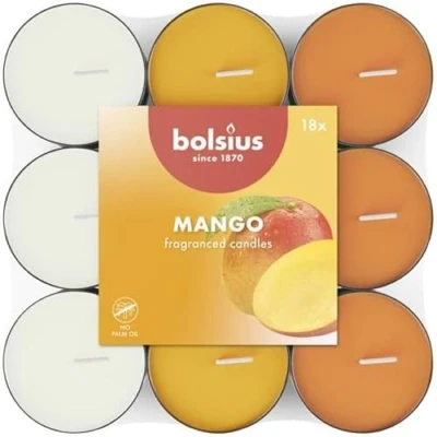 Image of Bolsius 18 Scented tealights Mango Burning time of 3.5 Hours Diameter 38 mm Natural extracts Contains Vegan Wax No Palm Oil