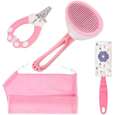 Image of Belle Vous Pink All in One Pet Grooming Set Self Cleaning Shedding Brush, Nail Clippers, Bath Bag and Lint Roller for Long/Short Haired Cats or Dogs