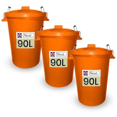 Image of Neat. 90L Bin Coloured Large Plastic Bins, Heavy Duty Kitchen with Metal Handle, Dustbin Lid For Easy Refusal Garden Indoor Outdoor Rubbish Waste or Storage of Animal Feed, Orange 3Pack