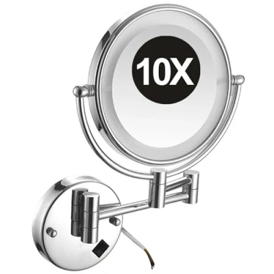Image of REWIS 8 Inch Double Sided 1X/10X Magnifying Wall Mounted Makeup Vanity Mirror with LED Lighted, 360 Swivel Extendable Cosmetic Mirror, Shaving for Bathroom,Silver,HardWired