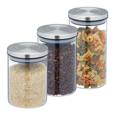 Image of Relaxdays Jars in Set of 3, Different Sizes, Steel Airtight Lids, Dry Food Storage, Glass, Transparent/Silver, 18 x 10 cm