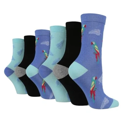 Image of WILDFEET 6 Pair Multipack Ladies Fun Design Socks Cute Novelty Animal Pattern (4 8, Parrot)