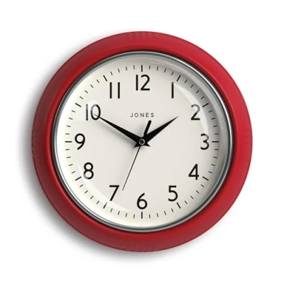 Image of Jones Clocks® Ketchup wall clock Retro round 25cm Red Easy to read numbers Perfect kitchen or office