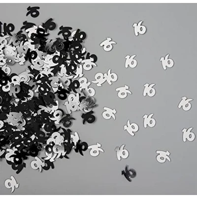 Image of 56g Black &amp; Silver 16th Birthday Confetti Foil Metallic Glitz Table Scatter Sprinkles Age Bday Party Decorations