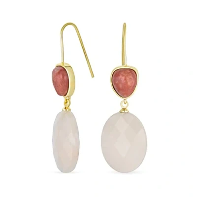 Image of Elegant Gemstone Peach Sandstone Teardrop Accent Natural Briolette Pink Rose Quartz Faceted Oval Drop Earrings For Women 18K Yellow Gold Plated Fish Hook
