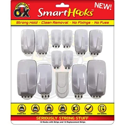 Image of Rapide Strong as an Ox Smart Hooks Self Adhesive Hold Set of 12 with Strips