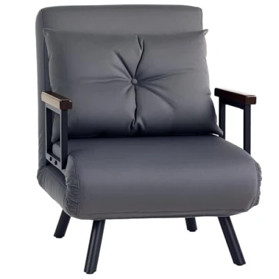 Image of HOMCOM Single Chair Bed, Click Clack Convertible Bed Settee, Modern Velvet Feel Fabric Couch with 1 Tufted Cushion, Wood Armrests, for Living Room, Bedroom, Guest Charcoal Grey