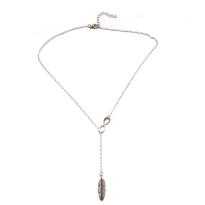 Image of Faruodis Leaf Infinity Pendant Necklace Vintage Feather Lucky 8 Y Shape Lariat Minimalist Chain Jewelry for Women Girls (Silver)