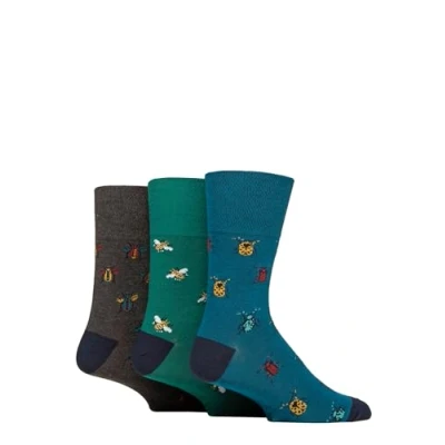 Image of Mens 3 Pair Gentle Grip RHS Royal Horticultural Society Patterned Cotton Socks Insects 6 11