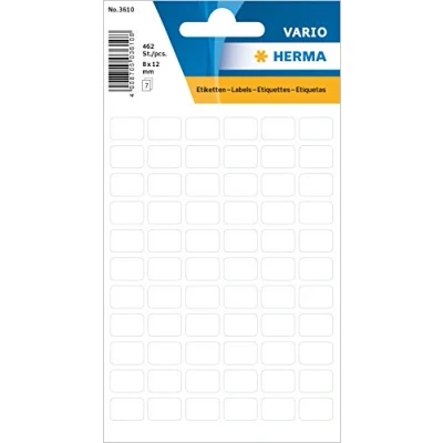 Image of HERMA Multi Purpose Labels, 66 Labels per Sheet, 7 Sheets, 8 x 12 mm, 462 Self Adhesive Mini Stickers, Blank Sticky for Office Kitchen Home, White