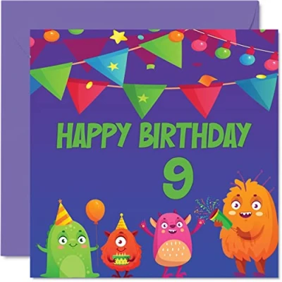 Image of 9th Birthday Card Boy Girl Monster Happy 9 Year Old Boy, Girls Boys Cards for Him Her, 145mm x Greeting Son Nephew Grandson Kid Children