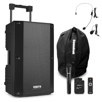Image of VONYX VSA500BP Battery Powered PA System with Wireless Microphone &amp; Headset Bluetooth Portable Systems Microphone, Big Speaker and Set, Includes SoundSak Carry Bag