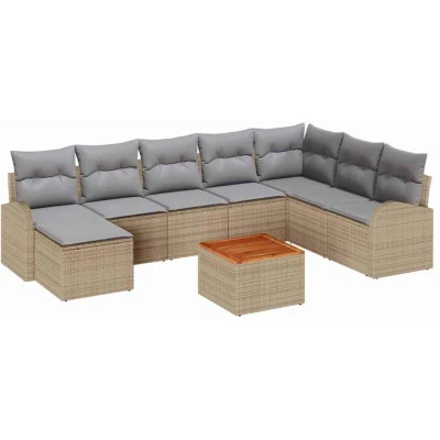 Image of vidaXL 9 Piece Garden Sofa Set with Cushions Beige Poly Rattan Acacia
