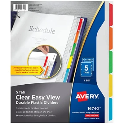 Image of AVERY Clear Easy View Durable Plastic Dividers, 5 Tabs (16740),Multicolor
