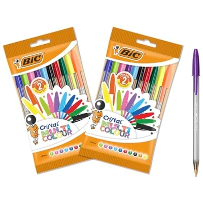Image of Bic Cristal Multicoloured Ballpoint Pens Large Nib (1.6 mm) Pack of 2 Packs 10