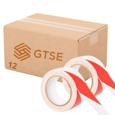 Image of GTSE Hazard Tape Red and White, 50mm (2&quot;) x 33m, Strong Adhesive Warning/Caution Tape, Floor Marking 24 Rolls