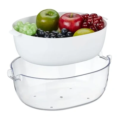 Image of Relaxdays Colander with Bowl, Plastic Strainer, Wash Fruit &amp; Vegetables, Draining Pasta, Handles, Transparent/White, 11.5 x 33 25 cm