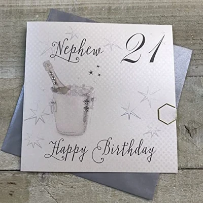 Image of white cotton cards Champagne Bucket, Nephew 21 Happy Handmade 21st Birthday Card, White, WBS21 N