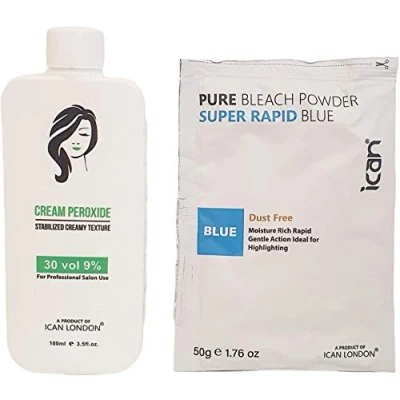 Image of ICAN LONDON PROFESSIONAL CREAM PEROXIDE 30 VOL 9% 100 ML + RAPID BLUE POWDER BLEACH 50 G SET