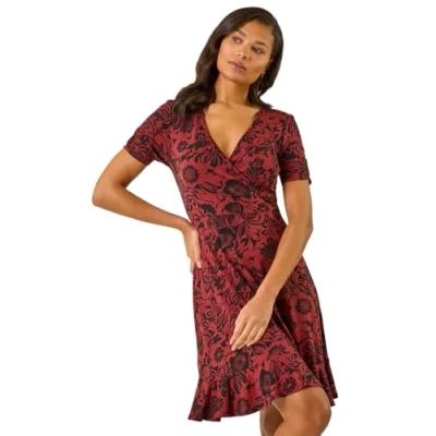 Image of Roman Originals Wrap Tea Dress for Women UK Ladies Fit &amp; Flare Skater Swing Stretchy Frill Long Sleeve Autumn Winter Evening Cocktail Party Work Office Casual Knee Length Rust Size 18