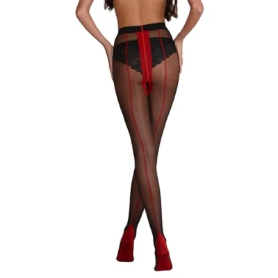 Image of Silky Scarlet Seamed Tights with Back Seam (Medium) (Black/Red Seam)