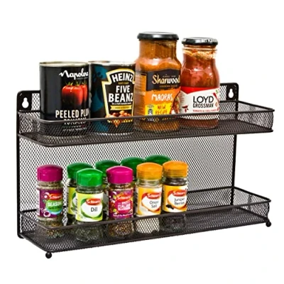 Image of Amtido Spice Rack 2 Tier Free Standing &amp; Wall Mounted Seasoning Storage Organiser Racks Inside Kitchen Cupboard Door for Herbs and Spices Jars Metal Mesh Bronze