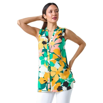 Image of Roman Originals Sleeveless Shirt for Women UK Ladies Blouse Top Button Through Summer Smart Casual Work Cocktail Party Office Holiday Special Occassion Evening Going Out Green Multicolour Size 10
