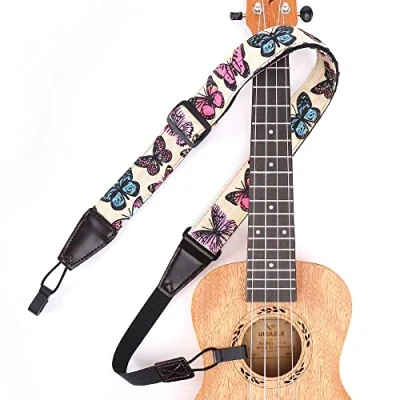 Image of Ukulele Strap No Drill, Eyeshot Adjustable Double J Hook Clip on Shoulder Strap, Butterfly Print, 13in