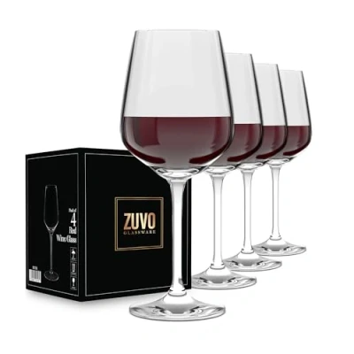 Image of Zuvo Large Red Wine Glasses Set of 4 x 500 ml Clear Crystal with Long Stem Flat Bottom Dishwasher Safe Glass 50 cl Holding Capacity