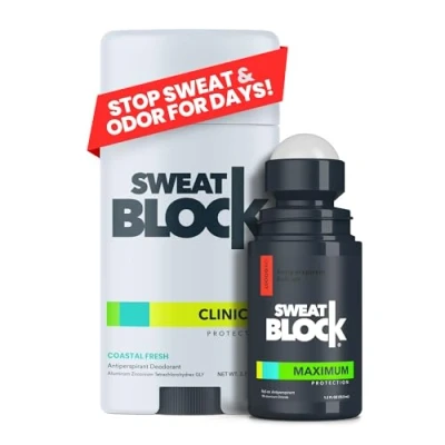 Image of SweatBlock Antiperspirant Deodorant Max Clinical System for Men &amp; Women. Treat Hyperhidrosis Includes: (1) DRIBOOST [PM] Maximum Strength Roll on + [AM]