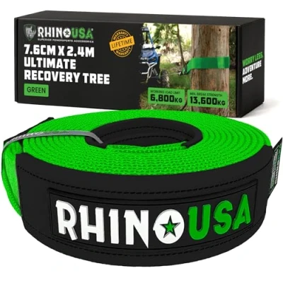 Image of Rhino USA Recovery Tow Rope 7.6 cm x 2.4 m 13,600 kg Min Break Strength Triple Reinforced Heavy Duty Straps Emergency 4x4 Off Road Accessories Green