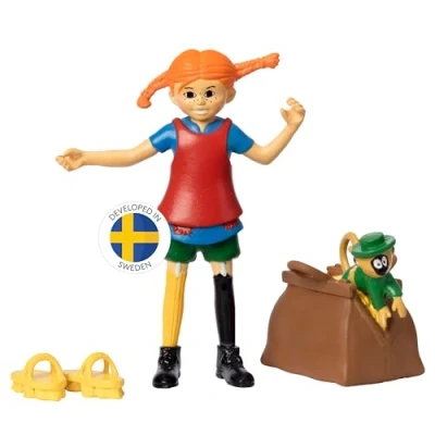 Image of Pippi LONGSTOCKING TOYS Action Figure Toy Doll Set — + Mr. Nilsson Monkey with Money Suitcase Scrub Brush Shoes Dolls Accessories 80mm tall Age 3+