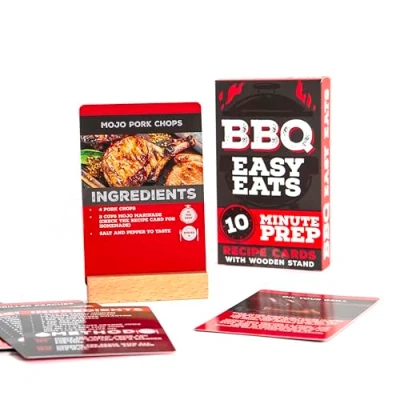 Image of Boxer Gifts BBQ Eats Recipe Cards 52 Delicious Tips, Tricks and Recipes for Beginners with Wooden Card Stand Great Outdoor Grill Cooking Gift Men