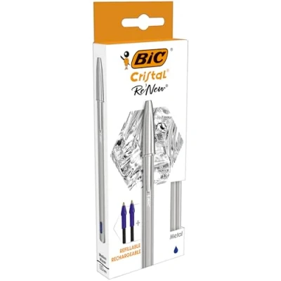 Image of PACK BIC CRISTAL RE NEW BLEU 1 STYLO BILLE + 2 RECHARGES POINTE MOYENNE (1.0MM)