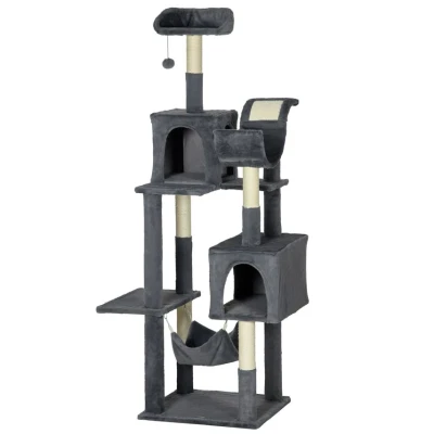Image of PawHut 177cm Cat Tree for Indoor Cats, Mult level Kitten Climbing Tower, with Scratching Posts, Two Houses, Perches, Toy Ball Dark Grey