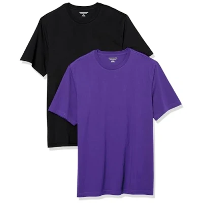 Image of Amazon Essentials Men&#039;s T Shirt Regular Fit Short Sleeve Crewneck, Pack of 2, Black/Dark Purple, XL