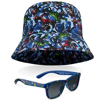 Image of Marvel Kids Bucket Hat and Sunglasses Set, Lightweight Sun 100% UV Protection Gifts (Blue Avengers)
