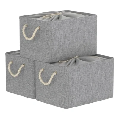 Image of Yawinhe Foldable Storage Baskets 3 Pack, with Drawstring Cover and 2 Handles, Collapsible Bins, for Shelves, Clothes, Grey, SNK003GS