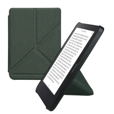 Image of kwmobile Origami Case Compatible with Kobo Clara 2E / Tolino Shine 4 Slim PU Leather Cover Stand Dark Green