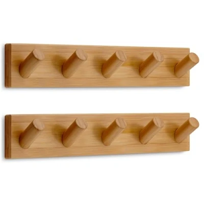 Image of LARHN Wooden Coat Hooks Wall Mounted Rack with 5 (2 Pack), 42cm for